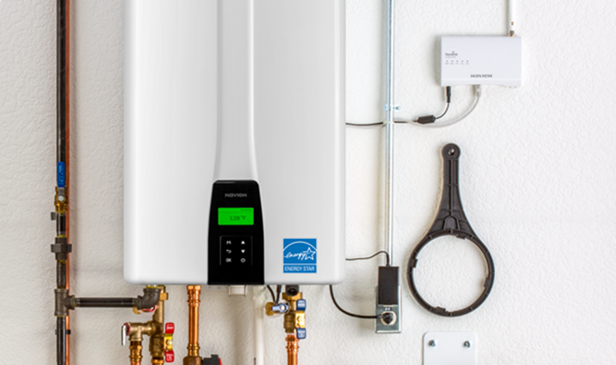 Navien tankless water heater installed on a wall