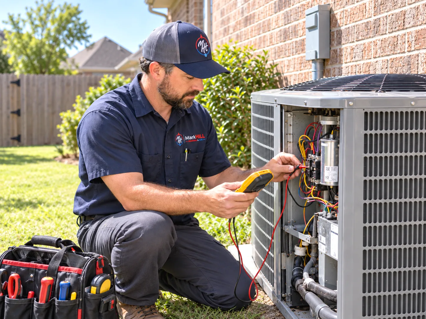 Ac Repair Technician Testing An Outdoor Condenser